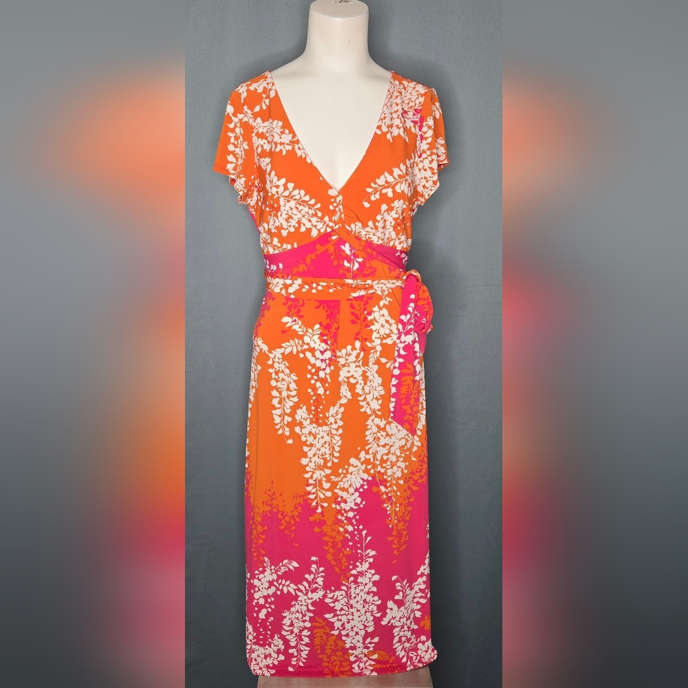 ​BCBGMAXAZRIA Floral Wisteria Faux Wrap Midi Dress Orange‎ Pink Size L Like New